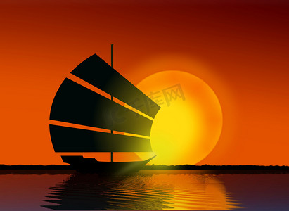 日落时在海上航行的船