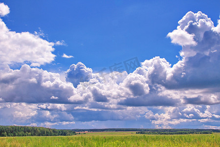 绿色平原上方的蓝色火锅上蓬松的白色云朵