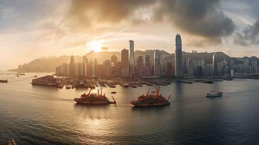 香港建筑摄影照片_香港维多利亚港日出全景