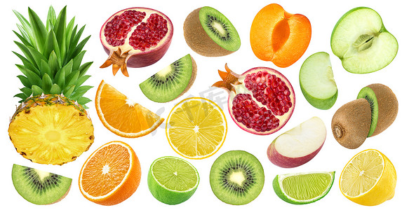 一组在白色背景下分离的各种切好的水果