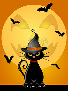 Jack O Lantern Moon 带女巫帽的万圣节猫
