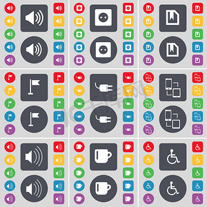 声音、插座、文件、高尔夫球洞、插座、连接、声音、杯子、残疾人图标符号。