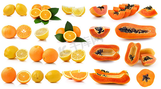 白色背景中的新鲜柠檬橙果和木瓜