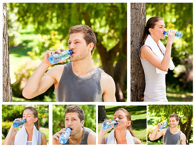 喝水的男人摄影照片_一对年轻夫妇在健身房后喝水的拼贴画