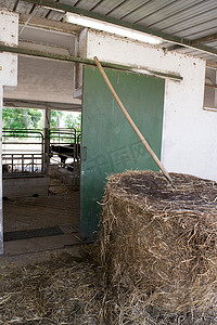 一捆干草，在牛棚前放着干草叉