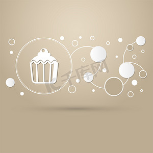 饼图表摄影照片_纸杯蛋糕，棕色背景上的松饼图标，具有优雅的风格和现代设计信息图表。