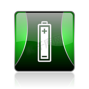 电池黑色和绿色方形 web 光泽图标