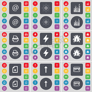 邮件、星形、图形、打印机、Flash、Bug、文件、向上箭头、信用卡图标符号。