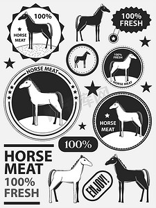 品质标签摄影照片_一套标志马肉、马肉、标签和徽章。