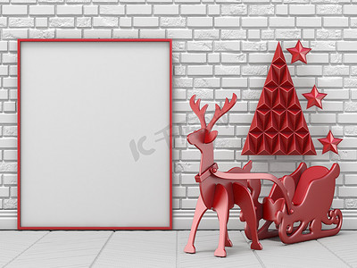 模拟空白画框、圣诞装饰和驯鹿 w