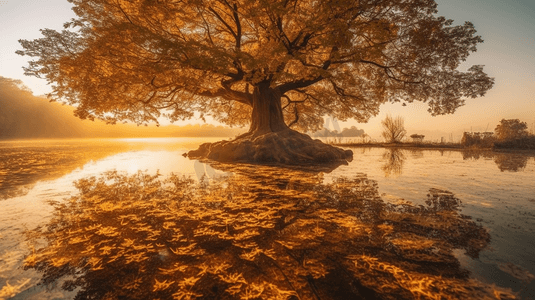西湖畔太阳下的老树