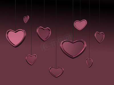 美丽的心形背景与有光泽的粉红色红心在字符串上。