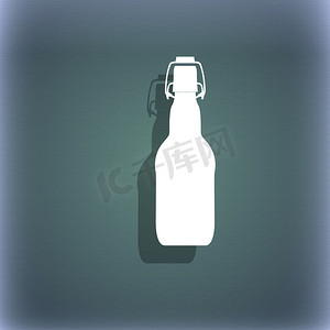 蓝绿色抽象背景上的瓶子图标符号，带有文本的阴影和空间。
