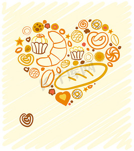 手绘杯子蛋糕摄影照片_为您的广告手绘的烘焙爱情面包店集。