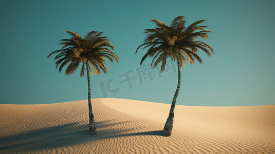 几棵棕榈树矗立在沙滩上