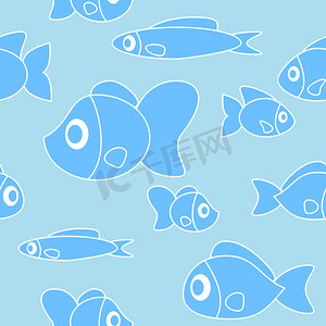 蓝色的卡通动物摄影照片_无缝模式与卡通风格的鱼。