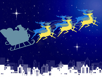 圣诞老人在他的雪橇上，夜空笼罩着城市背景