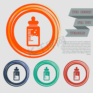奶瓶图标摄影照片_红色、蓝色、绿色、橙色按钮上的婴儿奶瓶图标为您的网站和带有空格文本的设计。