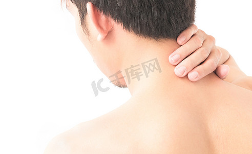 特写男人手牵着脖子或肩膀上白色 bac 疼痛