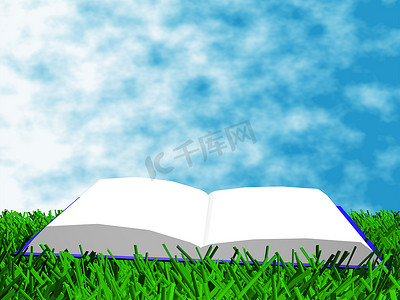 草地上的书以天空为背景