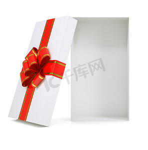 彩带金色摄影照片_带白色丝带的礼品盒