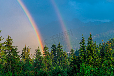 漂亮的彩虹摄影照片_雨后，木头上方出现两条彩虹，特写