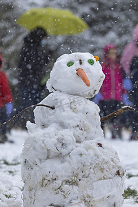 冬天的雪人摄影照片_一些孩子制作的雪人，马德里 Retiro 公园。