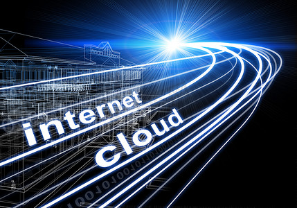 线框建筑、光束、数字和文字互联网，深色背景中的云朵