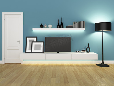 带电视柜和书柜的蓝色客厅-渲染