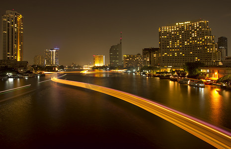 夜晚的城市和河流。