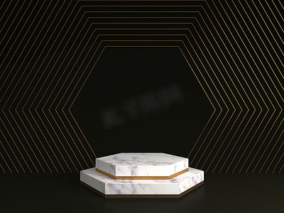黑色背景、六边形金框、纪念板、六边形台阶、抽象最小概念、空白空间、简洁设计、豪华简约模型的白色大理石基座的 3d 渲染