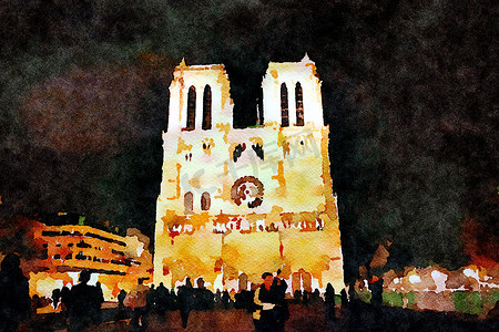 巴黎圣母院教堂在秋天的夜晚