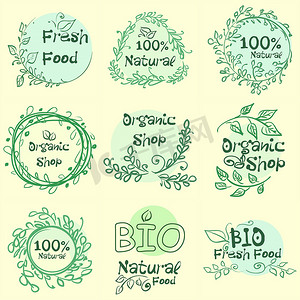 100 种有机产品和优质天然食品徽章元素的平面标签集合。