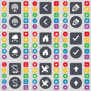 箭头左摄影照片_Wi-Fi，左箭头，铅笔，云，房子，勾​​号，智能手机，叉子和刀，向上箭头图标符号。