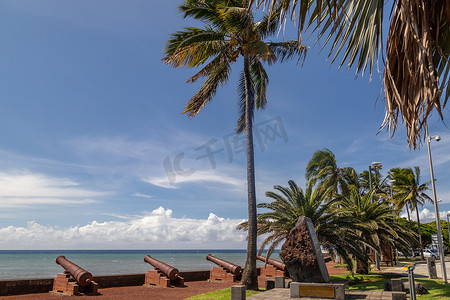 Reuinion 岛圣丹尼斯海滨的老炮和棕榈树