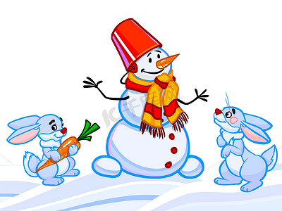 一个雪人和两只兔子和 snowfl 的卡通插图