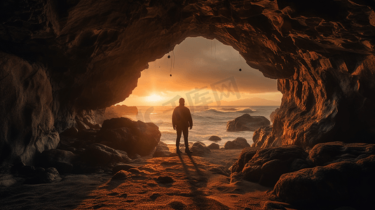 日落时分，一个人站在山洞里