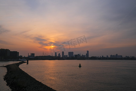 鹿特丹天际线与 Erasmusbrug 桥在日落时分在早上我