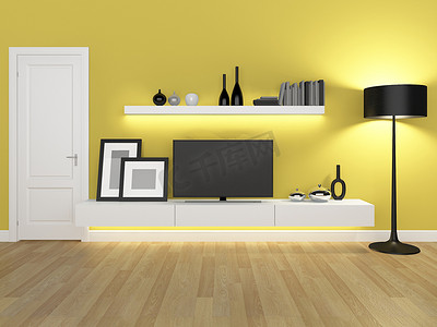 带抽屉电视柜摄影照片_带电视柜和书柜的黄色客厅 — 效果图
