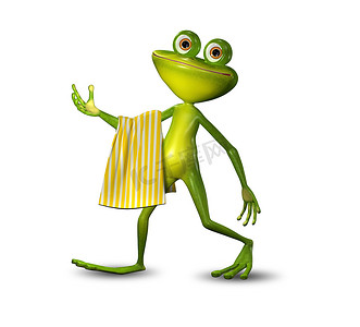 一只绿色青蛙用毛巾走路的 3d 插图