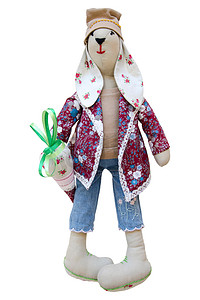 刺绣图案摄影照片_孤立的手工娃娃兔子，穿着时髦的衣服，配胡萝卜