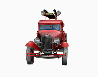 有梯子和水管的老红色消防车