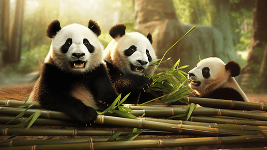 竹林茅屋摄影照片_竹林里有一群国宝大熊猫在玩耍