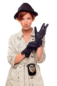 名侦探河南摄影照片_红发女侦探戴上手套，穿着 Trenchco