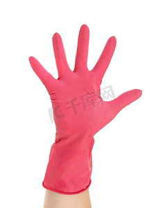 个护摄影照片_手显示五个戴着红色橡胶手套。