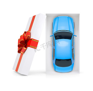 白色礼品盒中的蓝色汽车，顶视图