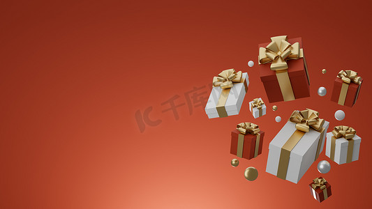 3D：圣诞节和新年问候，带红色礼盒的横幅