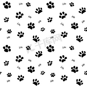 猫手绘动物摄影照片_手绘素描猫爪和痕迹无缝图案，在白色背景下隔离的矢量插图元素