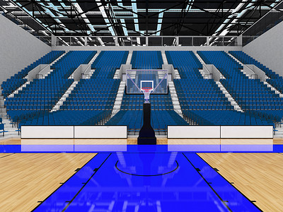 蓝色座椅摄影照片_美丽的现代篮球运动场，配有蓝色座椅和贵宾包厢