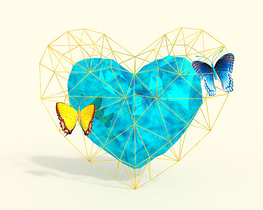 低聚风格的心与蓝色和黄色的蝴蝶。